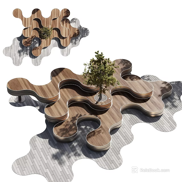 Interconnected Wooden Landscape Seating With Curved Design And Central Tree 3d model 