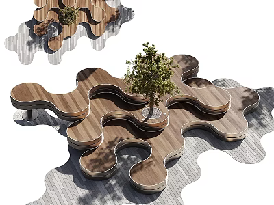 Interconnected Wooden Landscape Seating With Curved Design And Central Tree 3d model