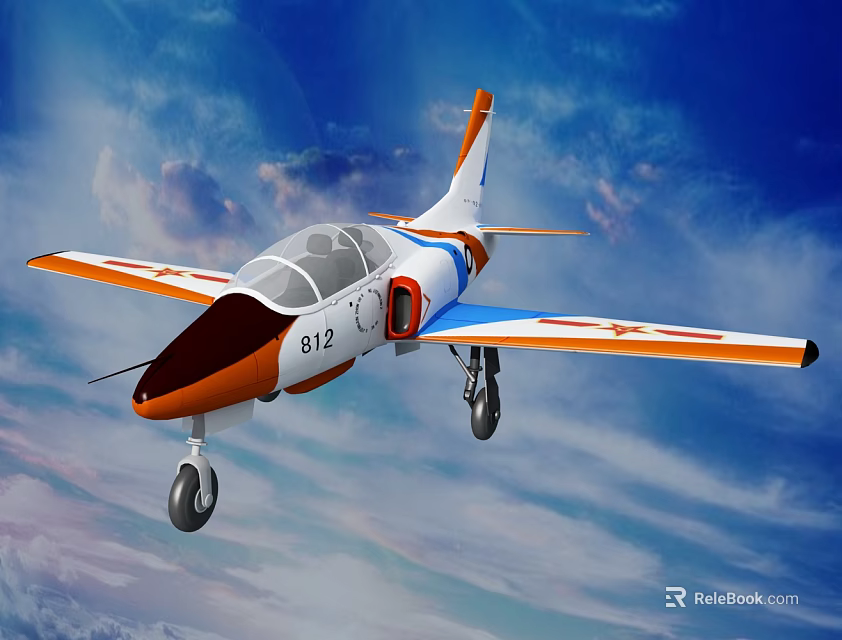 Orange White Blue Passenger Plane 812 Flying with Landing Gear Down in Blue Sky 3d model 