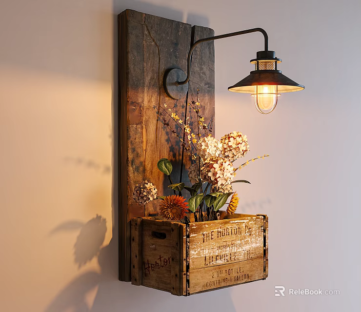 Vintage Wall Lamp Mounted On Wooden Plank With Wooden Crate Holding Flowers And Warm Illumination 3d model 