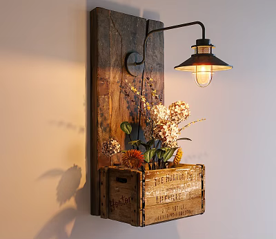 Vintage Wall Lamp Mounted On Wooden Plank With Wooden Crate Holding Flowers And Warm Illumination 3d model