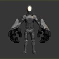 Silver Metallic Robot Character With Glowing Orange Eyes And Mechanical Arms