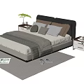 Modern Upholstered Double Bed With Multiple Pillows Throw Blanket Nightstands Table Lamp And Rug 3d model
