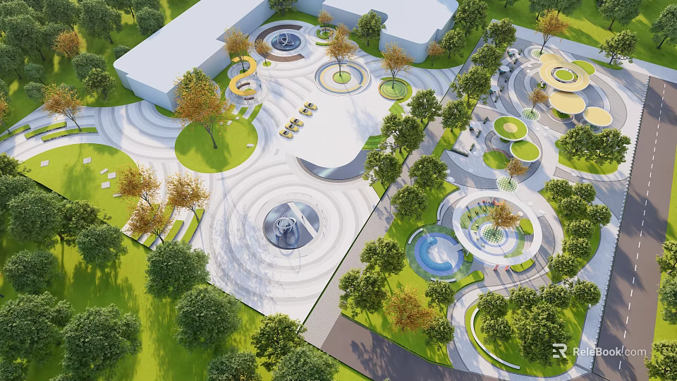 Modern Plaza Landscape With Circular Design Fountains Green Lawns Trees And Pathways 3d model 