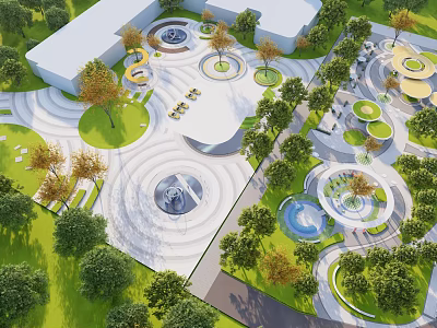 Modern Plaza Landscape With Circular Design Fountains Green Lawns Trees And Pathways 3d model