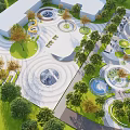 Modern Plaza Landscape With Circular Design Fountains Green Lawns Trees And Pathways