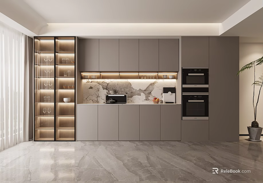 Modern Sideboard Interior Design With Glass Doors LED Lighting And Marble Countertop Storage 3d model 