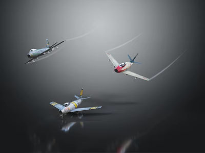 Three Model Airplanes Flying With Flight Trails On Dark Background 3d model