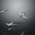 Three Model Airplanes Flying With Flight Trails On Dark Background 3d model