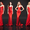 Four Women Posing in Red Satin Evening Dresses Against Black Background
