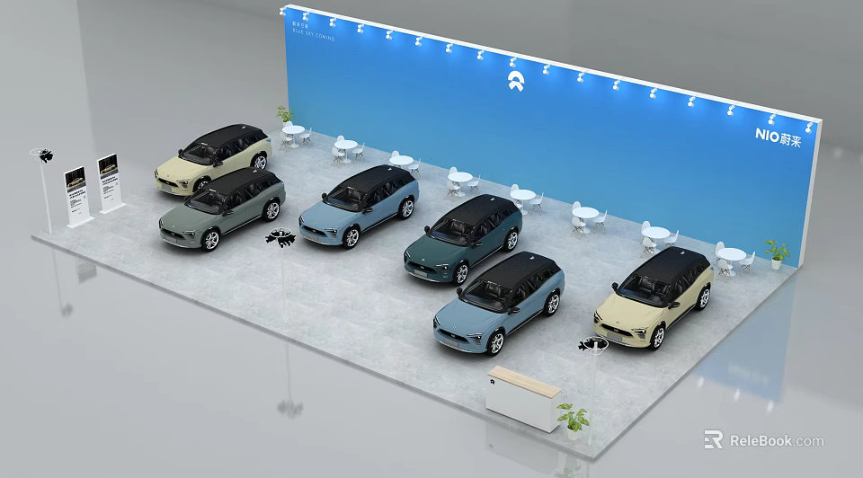 Multiple Cars Displayed In Exhibition Area With Blue Backdrop White Logo And White Tables Chairs 3d model 