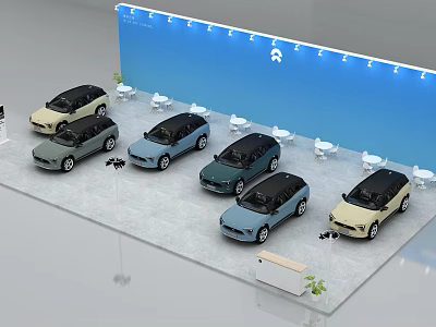 Multiple Cars Displayed In Exhibition Area With Blue Backdrop White Logo And White Tables Chairs 3d model