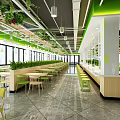 Modern Restaurant Interior With Green Accents Wooden Tables And Hanging Lights