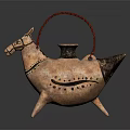 Vintage Handcrafted Horse Shaped Ceramic Water Vessel With Red Handle And Three Legs