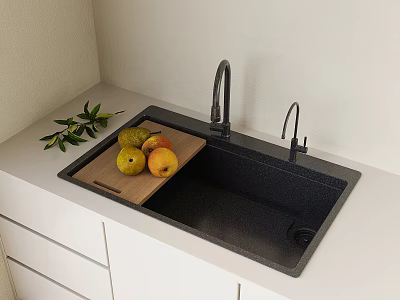 Modern Black Kitchen Sink With Wooden Cutting Board Fruits And Green Plant On White Countertop 3d model