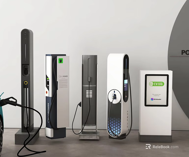 Electric Vehicles Charging Stations Featuring Various Modern Designs And Digital Screens 3d model