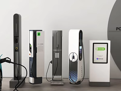 Electric Vehicles Charging Stations Featuring Various Modern Designs And Digital Screens 3d model