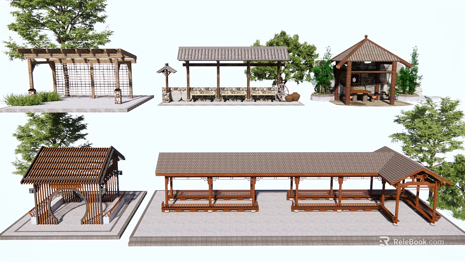 Outdoor Pergola Designs With Wooden Structure Roofed Benches And Garden Setting 3d model 