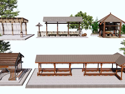 Outdoor Pergola Designs With Wooden Structure Roofed Benches And Garden Setting 3d model
