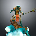 Mythical Sea Creature Warrior With Trident Standing On Turquoise Wave Rock In Ornate Armor