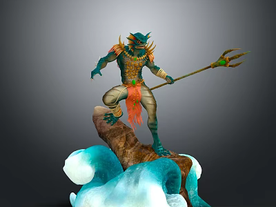 Mythical Sea Creature Warrior With Trident Standing On Turquoise Wave Rock In Ornate Armor 3d model