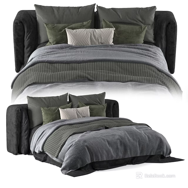 Modern Style Double Bed With Plush Gray Green Pillows And Striped Bedding 3d model