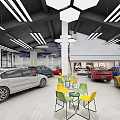 Modern Parking Garage Interior With Multiple Cars Colorful Chairs And White Pillars