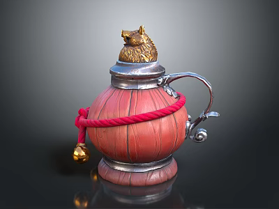 Intricate Carved Sculpture With Red Body Silver Accents And Golden Animal Head 3d model