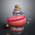 Intricate Carved Sculpture With Red Body Silver Accents And Golden Animal Head