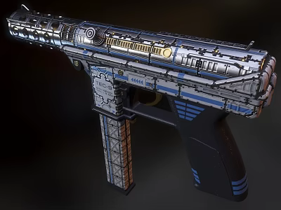Futuristic Mechanical Pistol With Highly Detailed Metallic Structure And Blue Accents 3d model