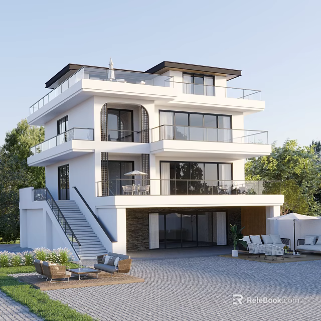 Modern Detached Villa Three Story Design With Large Windows Balconies And Outdoor Seating Area 3d model 