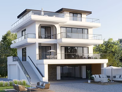Modern Detached Villa Three Story Design With Large Windows Balconies And Outdoor Seating Area 3d model