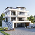 Modern Detached Villa Three Story Design With Large Windows Balconies And Outdoor Seating Area