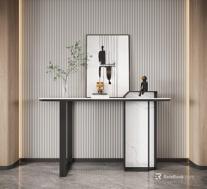 Modern Elegant Console Table With Marble Countertop Wall Art Ornaments And Vertical Striped Wall 3d model 