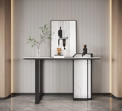 Modern Elegant Console Table With Marble Countertop Wall Art Ornaments And Vertical Striped Wall 3d model