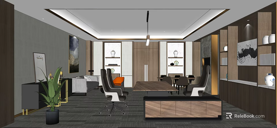 Modern Office Interior Design With Ergonomic Chairs Wooden Desk Green Plants And Pendant Light 3d model 