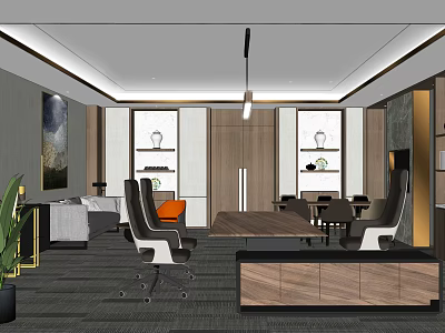 Modern Office Interior Design With Ergonomic Chairs Wooden Desk Green Plants And Pendant Light 3d model