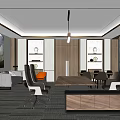Modern Office Interior Design With Ergonomic Chairs Wooden Desk Green Plants And Pendant Light