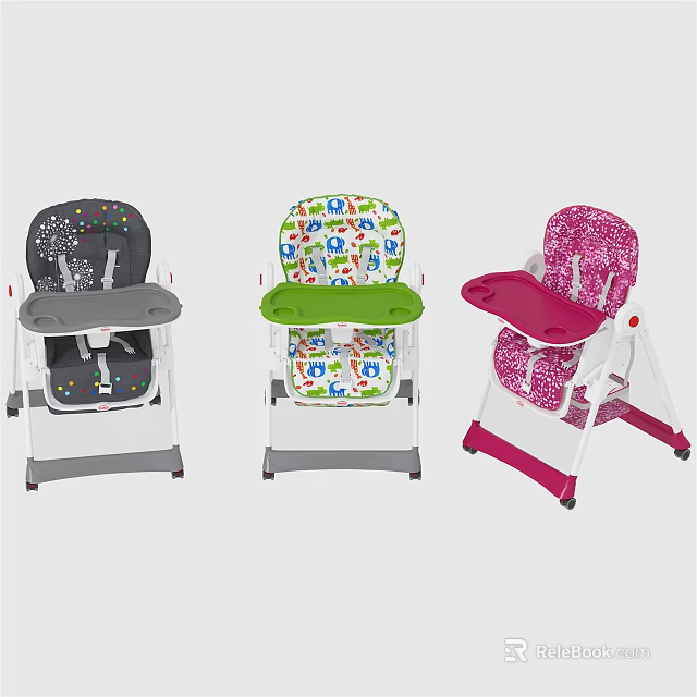 Cute Child High Chairs With Three Different Designs Gray Green Pink Colors And Patterns 3d model 