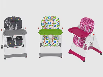 Cute Child High Chairs With Three Different Designs Gray Green Pink Colors And Patterns 3d model
