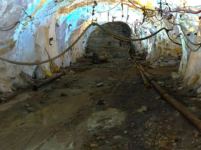 Underground Mine Tunnel Interior With Rock Walls Dirt Ground And Hanging Cables Pipes 3d model