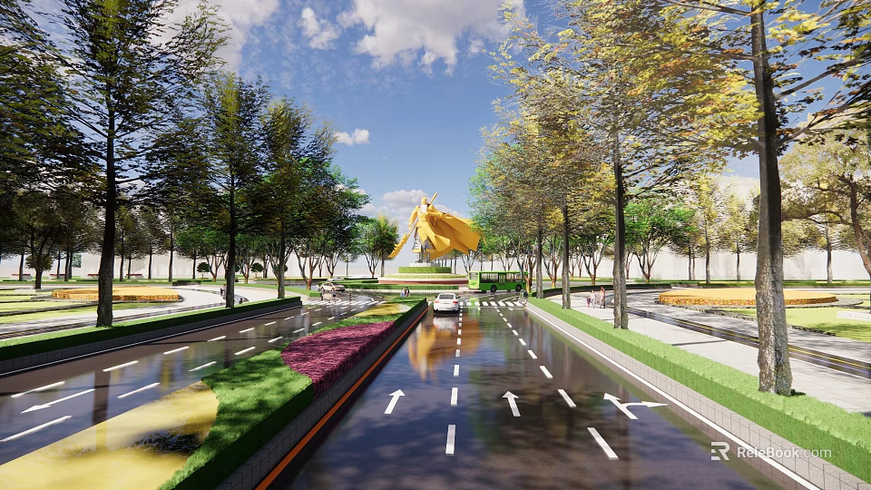 Well Designed Road Infrastructure With Lanes Arrow Markings Green Belts And Trees 3d model 