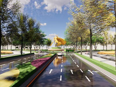 Well Designed Road Infrastructure With Lanes Arrow Markings Green Belts And Trees 3d model