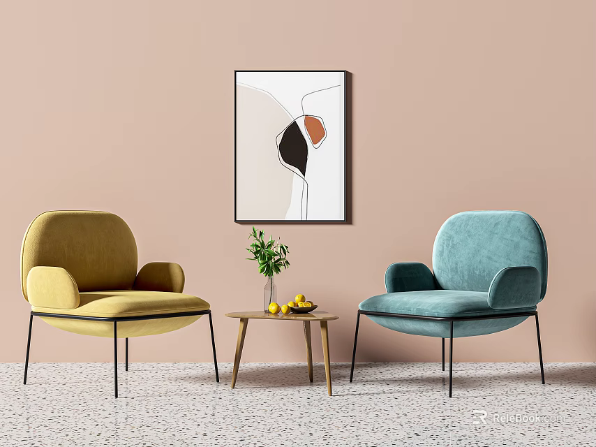 Leisure Sofa Set with Yellow Blue Accent Chairs Wooden Table Plant Abstract Painting Beige Wall 3d model 