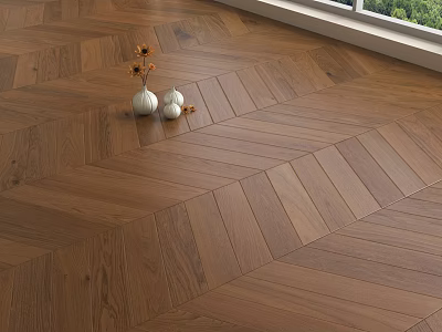 Herringbone Pattern Brown Wooden Flooring With Natural Light Green View And Decorative Vases 3d model