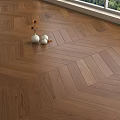 Herringbone Pattern Brown Wooden Flooring With Natural Light Green View And Decorative Vases