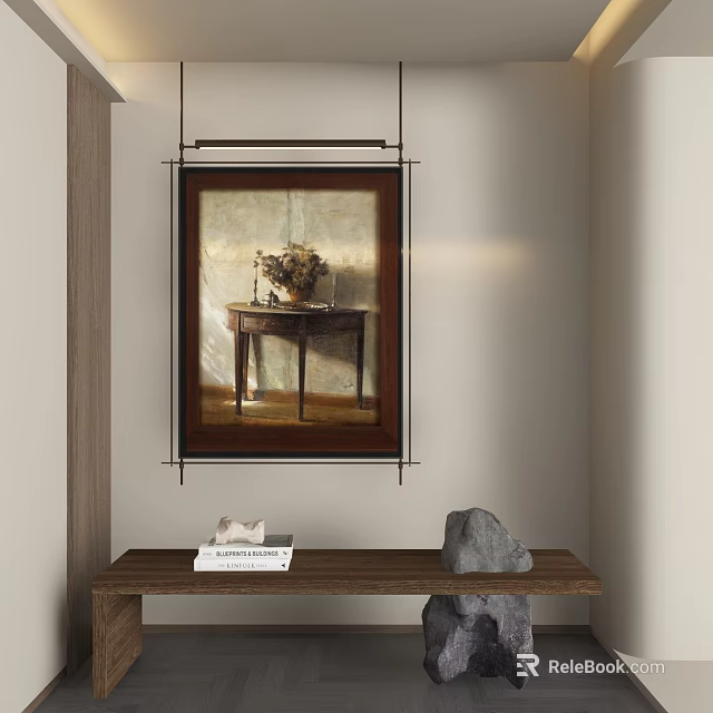 Abstract Painting Interior Decor Hanging On Wall With Wooden Table Books And Stone 3d model 