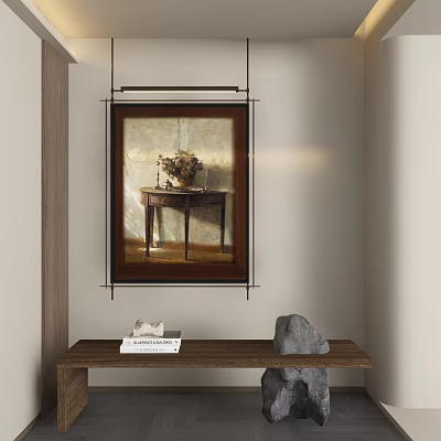 Abstract Painting Interior Decor Hanging On Wall With Wooden Table Books And Stone 3d model