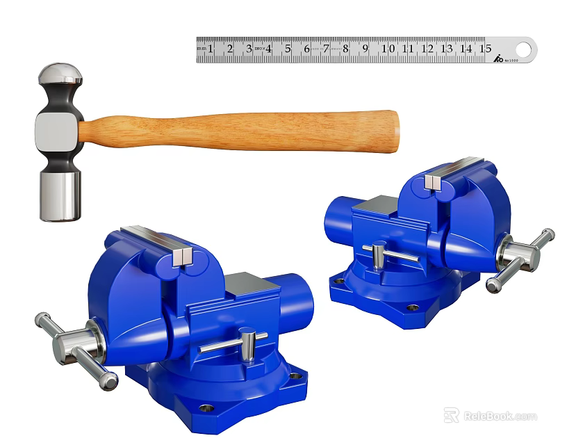 Essential Hardware Tools Including Ball Peen Hammer Steel Ruler And Blue Bench Vices 3d model 
