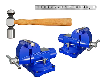 Essential Hardware Tools Including Ball Peen Hammer Steel Ruler And Blue Bench Vices 3d model